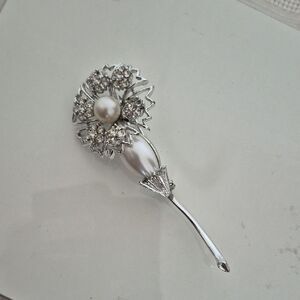 Silver and White Faux Pearl Floral Brooch